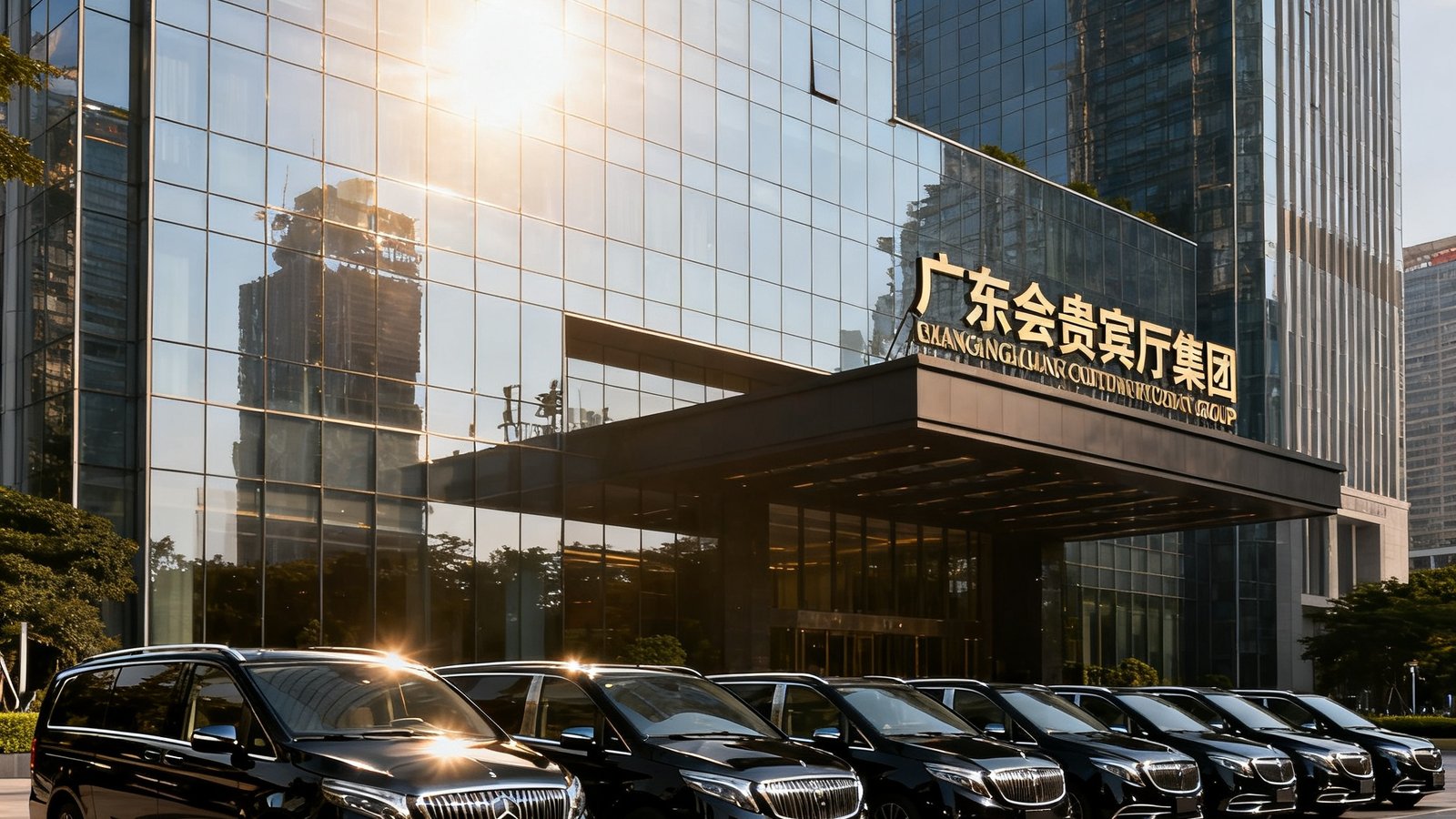 广东会贵宾厅集团位于广州珠江新城的总部办公大楼外观，现代化玻璃幕墙建筑在阳光下熠熠生辉，楼前整齐排列着清一色的黑色高端商务车队，彰显企业实力