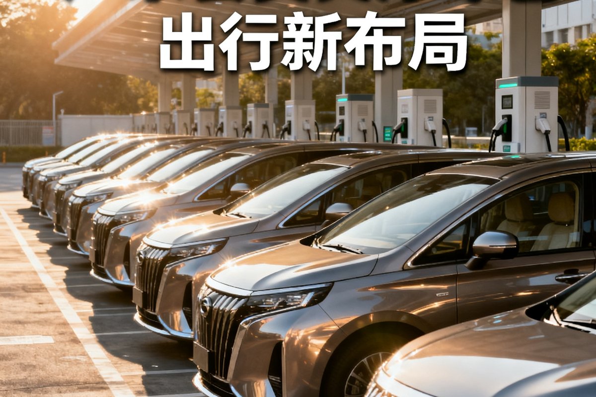 一排崭新的新能源豪华商务车整齐排列在充电站前，车身在阳光下反射出优雅的光泽，代表着广东会贵宾厅绿色出行的最新布局