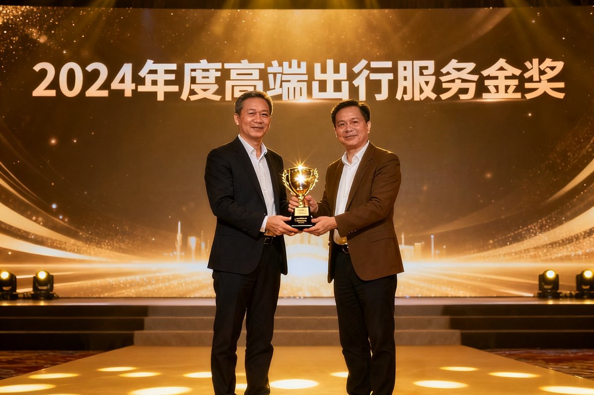 颁奖典礼现场，广东会贵宾厅代表在台上接过2024年度高端出行服务金奖奖杯，背景是隆重的颁奖舞台和闪烁的灯光