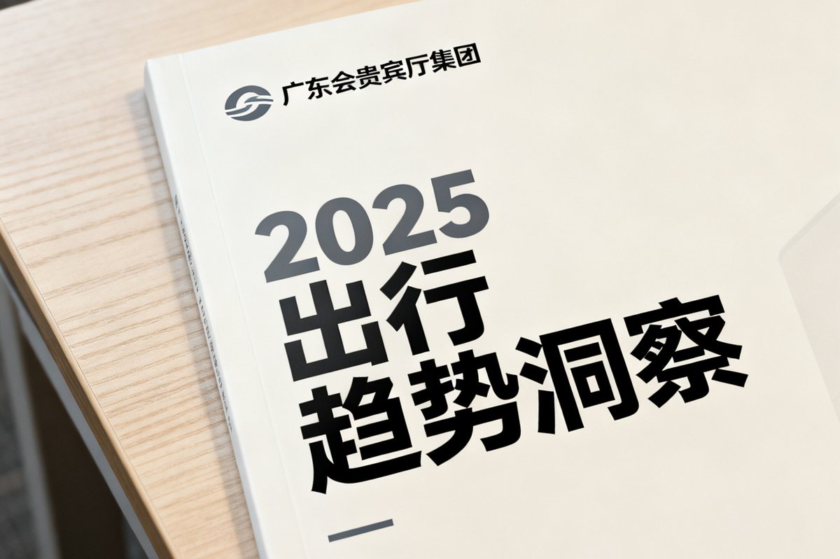 一份精美的行业趋势报告封面特写，上面印有广东会贵宾厅集团的品牌标识和2025出行趋势洞察的标题，背景是简约的商务办公桌面