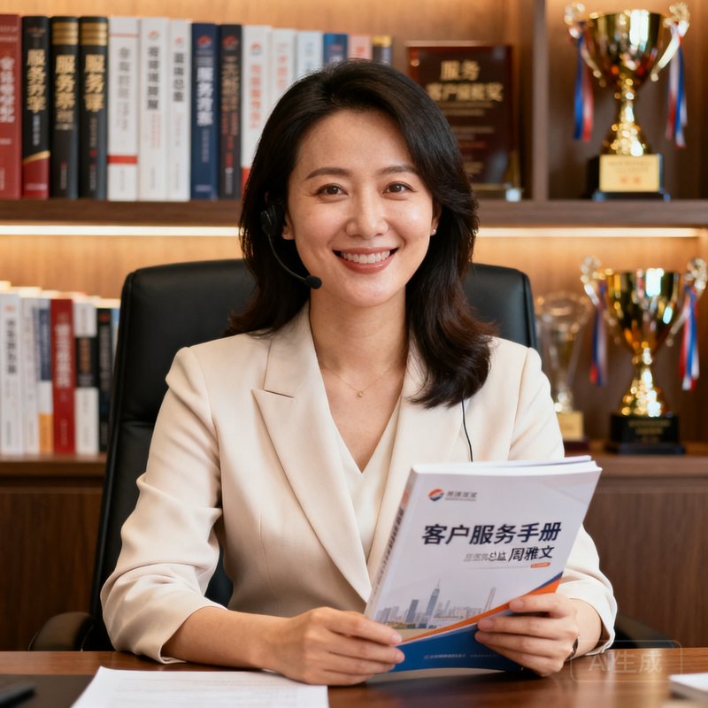 客服总监周雅文女士的温暖微笑近照，她身穿浅色职业装坐在整洁的办公桌前，手中拿着一本客户服务手册，身后书架上摆满了服务类书籍和奖杯