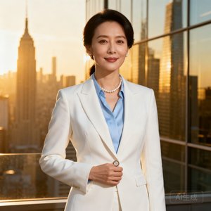 一位气质优雅、穿着干练白色西装的女性高管近照，背景隐约可见高楼林立的城市天际线，展现出现代职场女性的自信风采